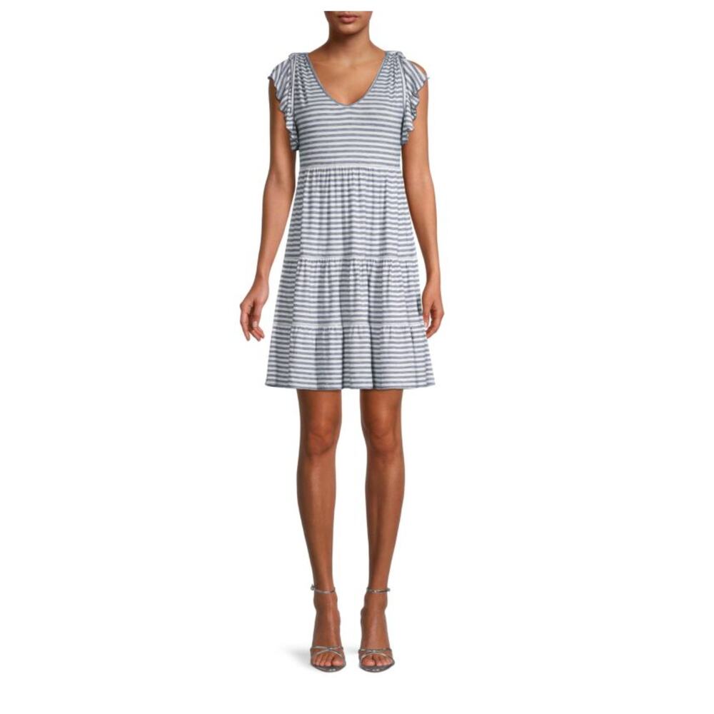 Max Studio Striped Tiered Dress M Blue White Ruffle Travel Coastal Nautical
